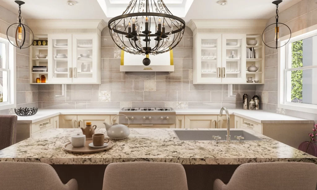 Stunning kitchen design featuring a granite island, vintage chandelier, and elegant cabinetry.