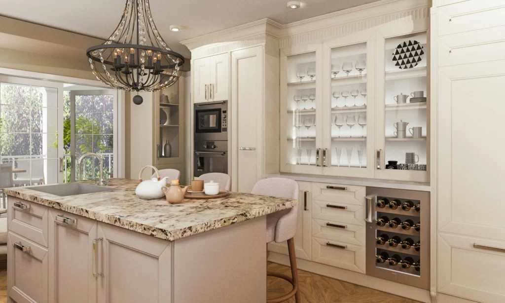 Chic white kitchen with modern appliances and elegant design elements for stylish living.