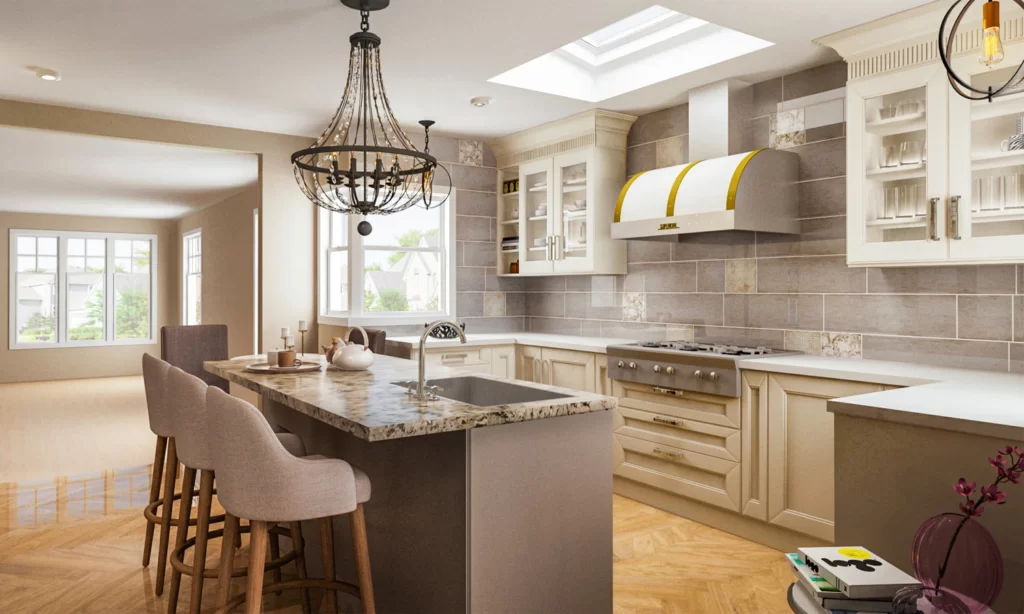 Elegant modern classic kitchen with skylight and spacious island, designed by Ariana Adireh.