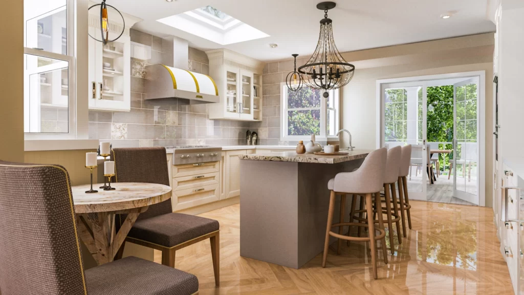 Chic modern kitchen with island, dining area, and abundant natural light by Ariana Adireh.