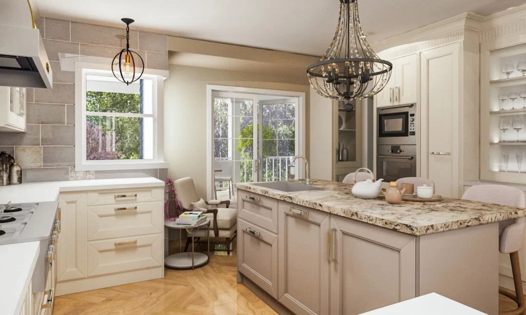 Elegant modern kitchen with natural light, granite island, and cozy seating nook for relaxation.