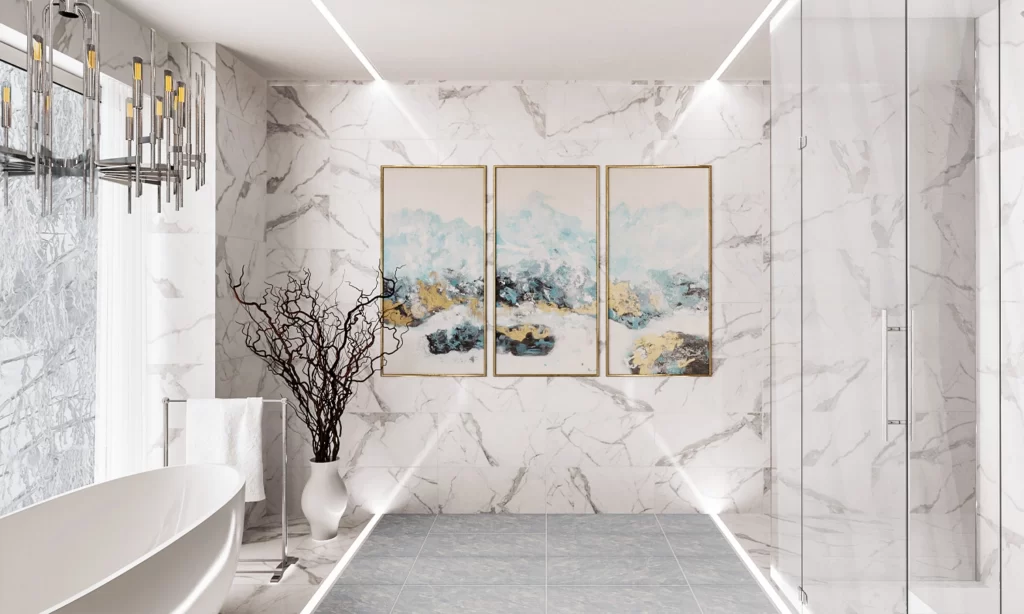 White marble in luxurious Bellevue bathroom interior, Ariana Adireh Design