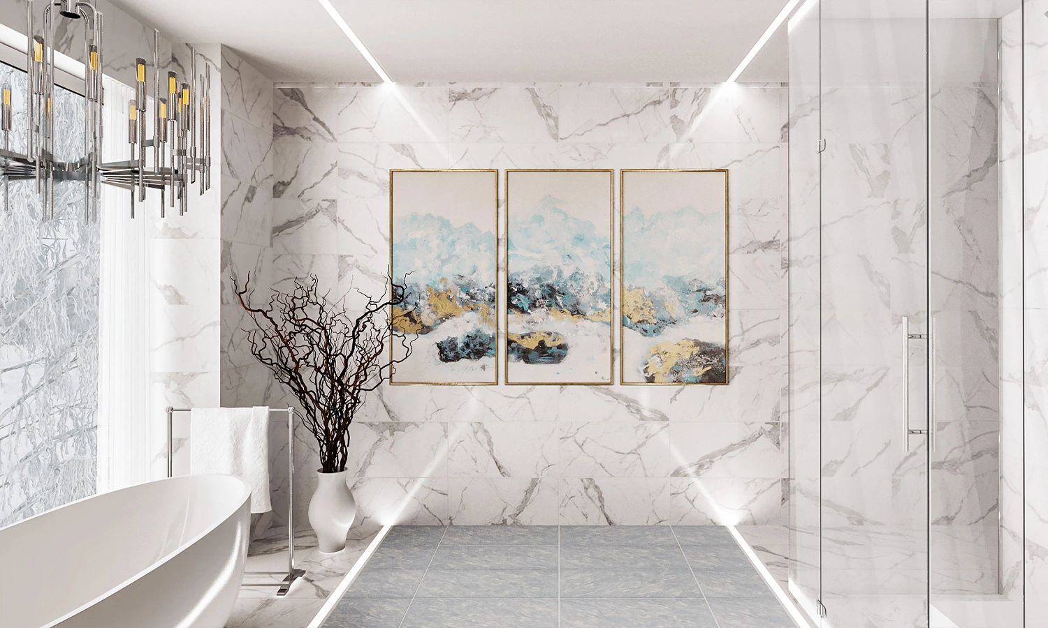 White marble in luxurious Bellevue bathroom interior, Ariana Adireh Design