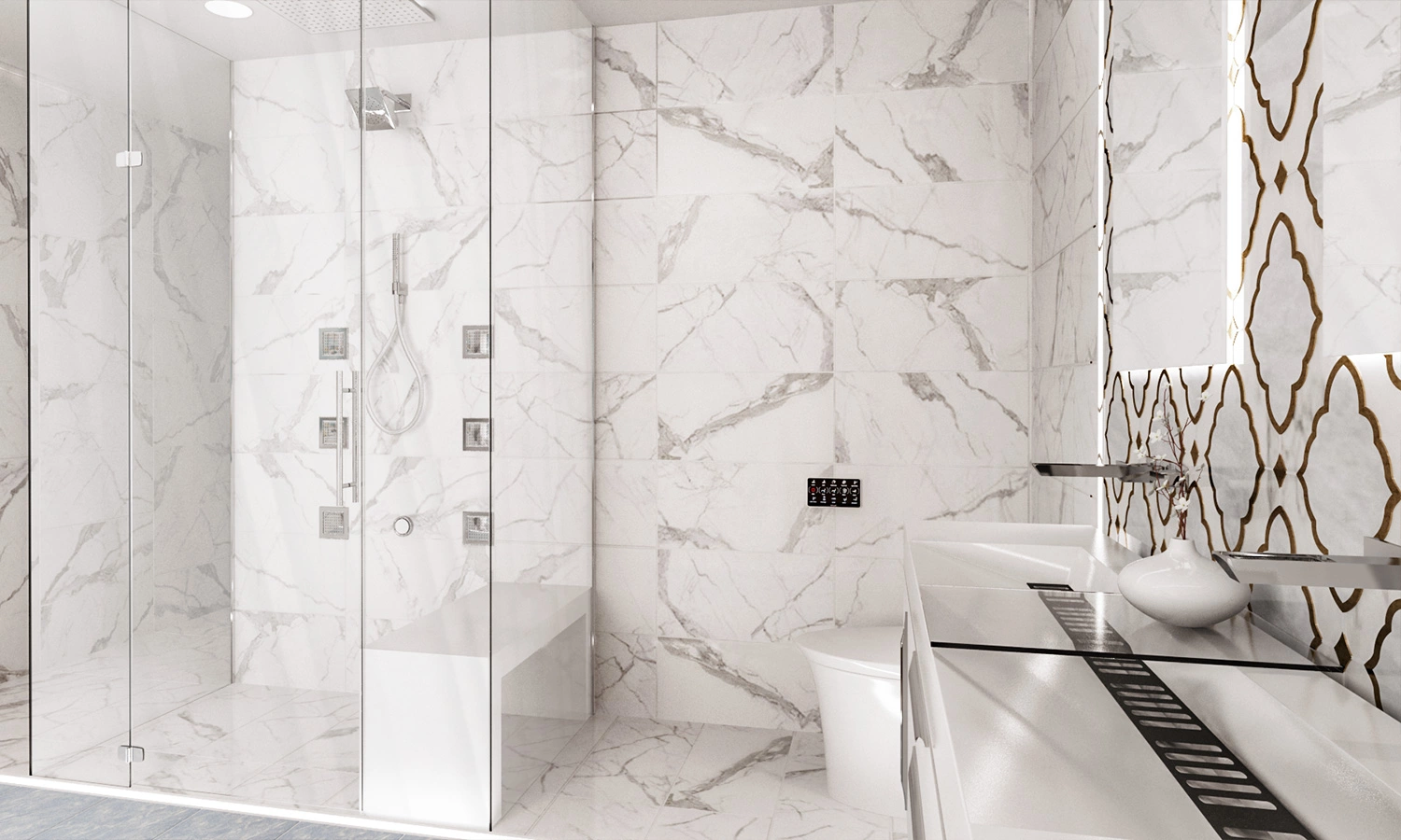 Ornate white Bellevue bathroom interior by Ariana Adireh Design