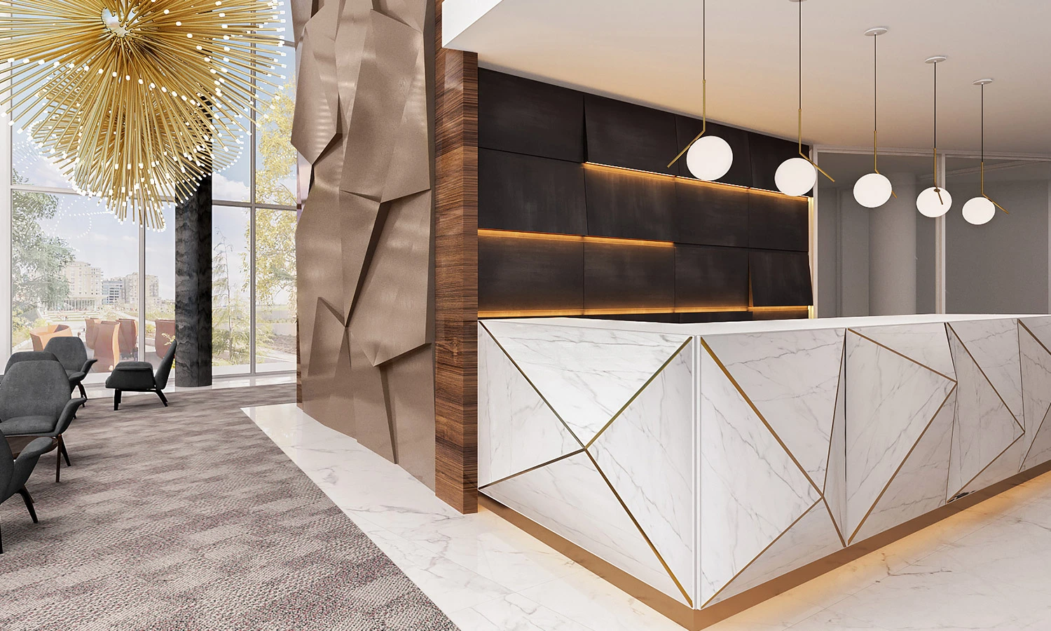Lobby and reception interior design Bellevue by Ariana Adireh