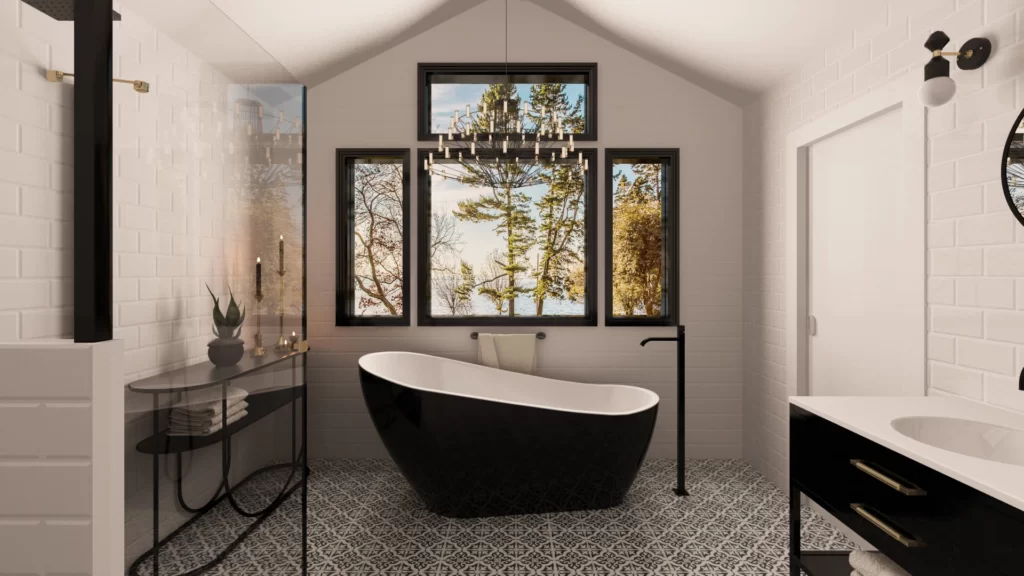 Stunning modern bathroom design with freestanding black tub and natural light from scenic windows.