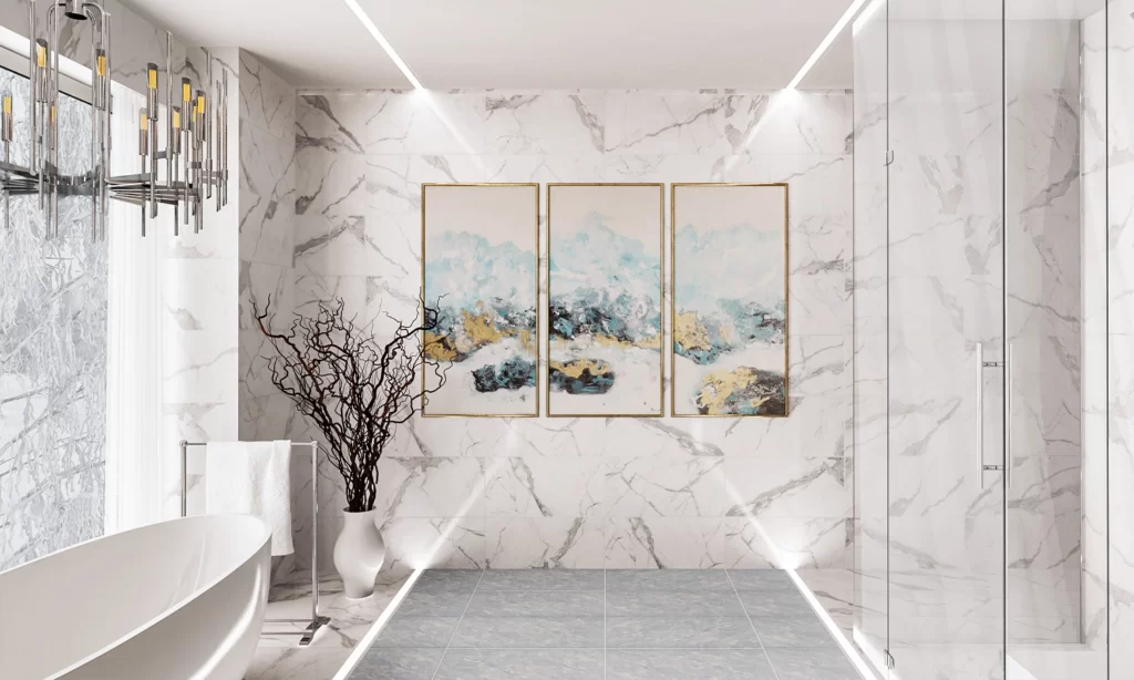 Elegant modern bathroom featuring white marble, freestanding tub, and serene design elements.