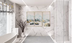 Elegant modern bathroom featuring white marble, freestanding tub, and serene design elements.