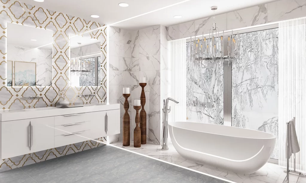 Elegant modern bathroom featuring marble finishes and a freestanding bathtub for relaxation.