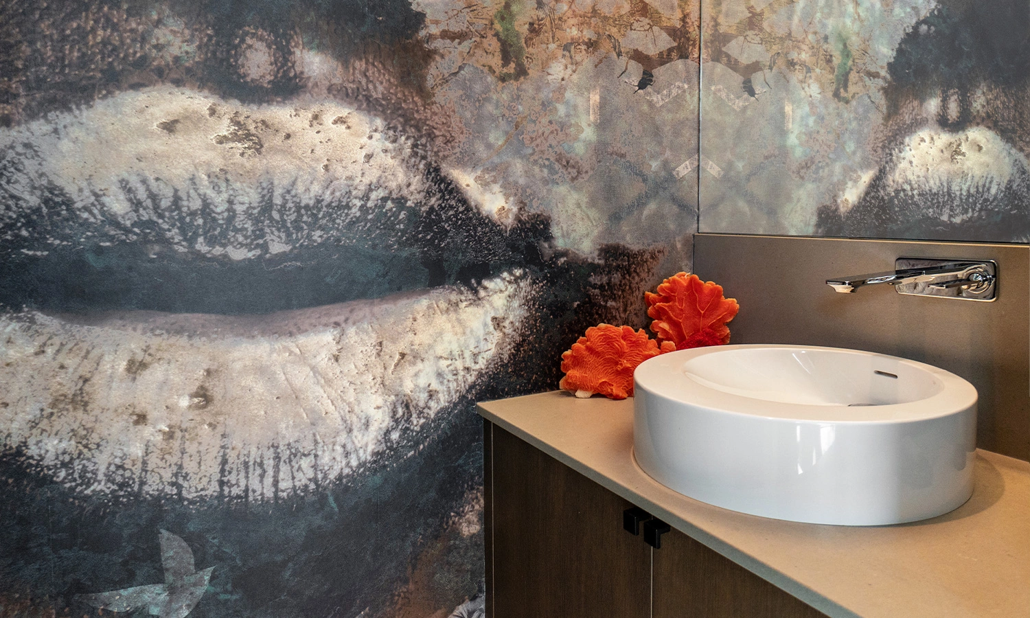 Contemporary bathroom design with bold mural and modern fixtures by Ariana Adireh, Bellevue designer.