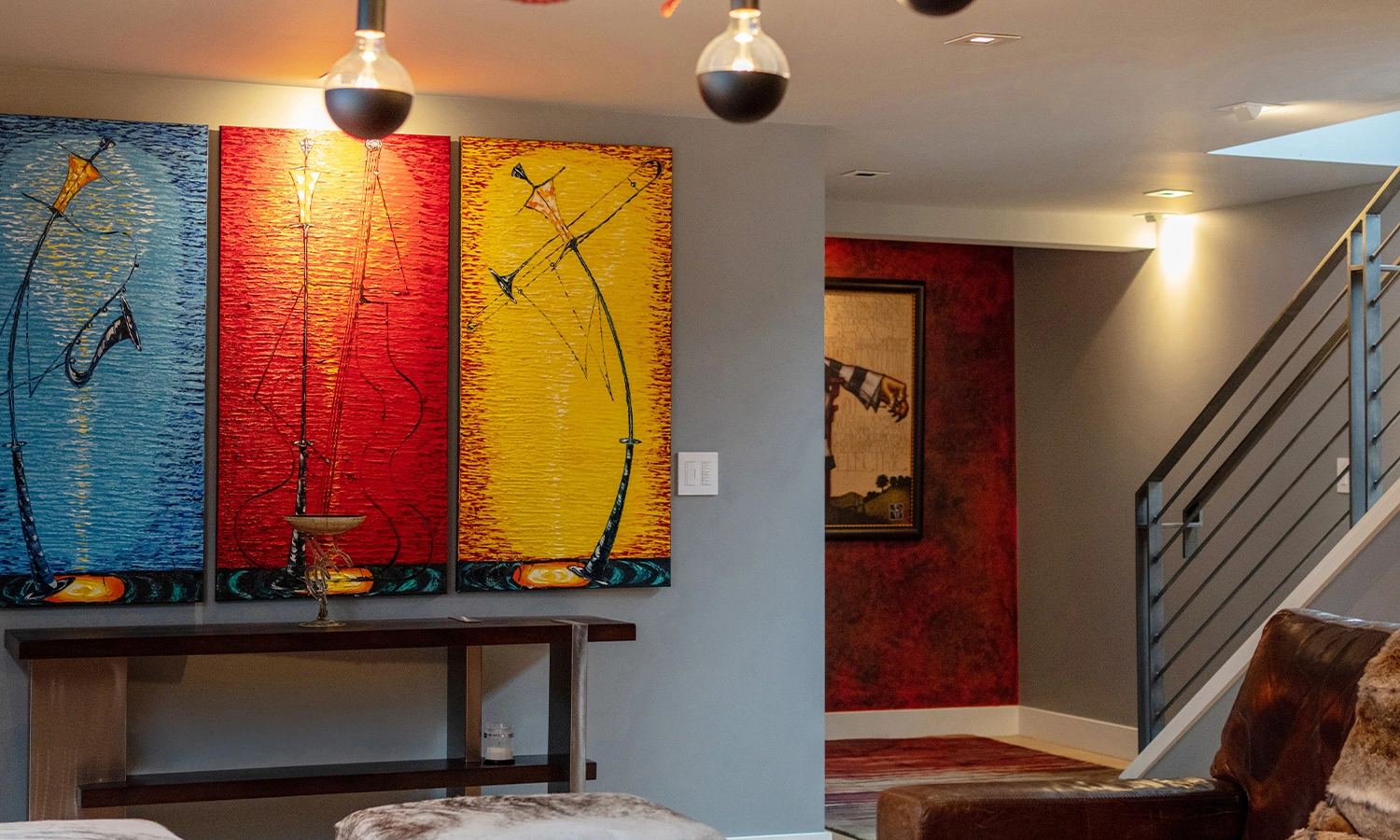 Modern lounge with vibrant abstract art, stylish decor, and inviting ambiance in Bellevue.