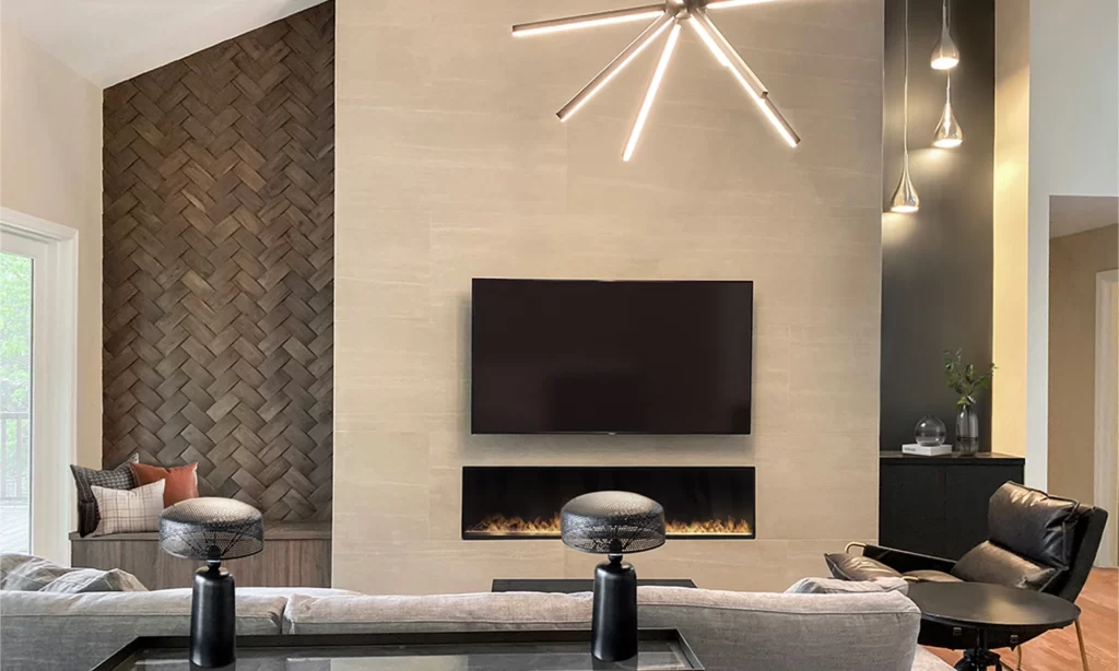 Elegant modern living room with sleek fireplace and stylish design elements for cozy gatherings.