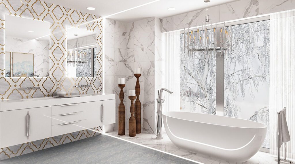 Luxurious marble bathroom with freestanding tub and stylish decor for ultimate relaxation.