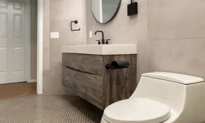 Contemporary bathroom design featuring sleek tiles, elegant vanity, and modern fixtures for a stylish look.