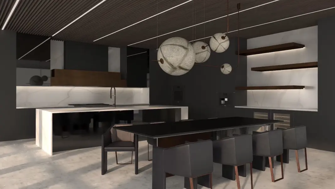 Sleek modern dining area with black accents, featuring a minimalist table and stylish lighting.