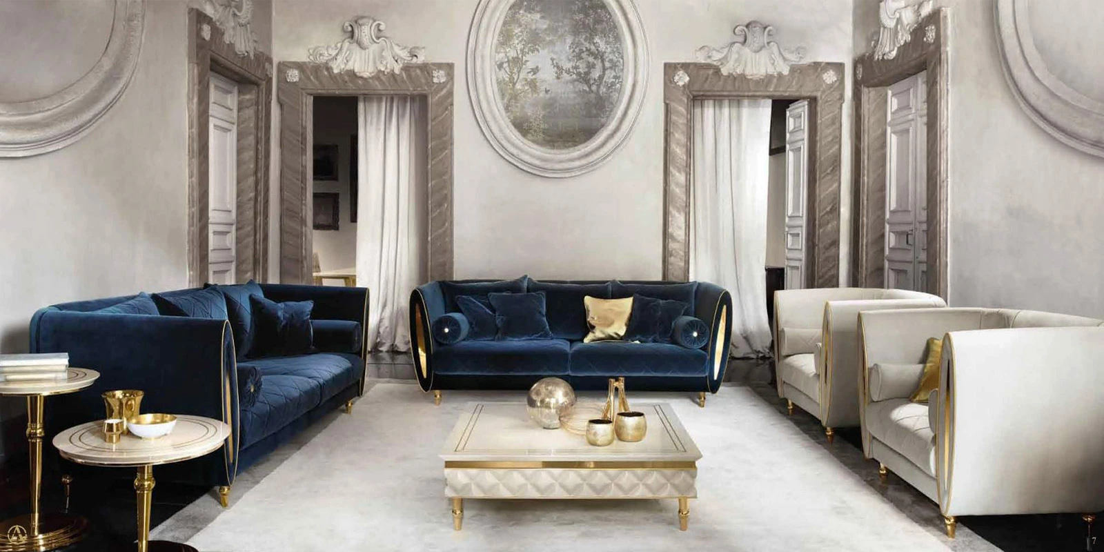 Sophisticated living room design blending modern and classic elements for luxurious comfort.