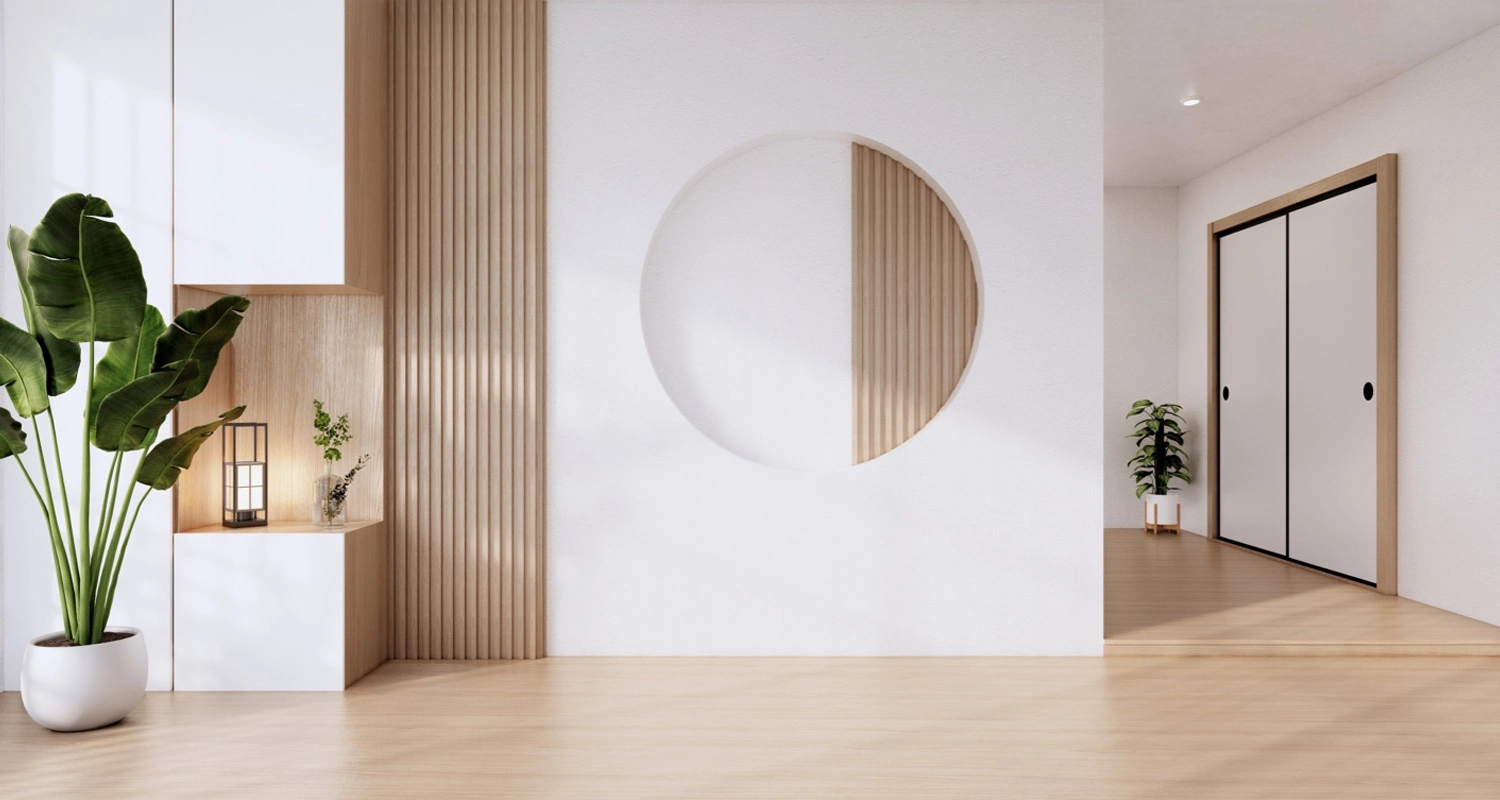 Stylish modern minimalist interior featuring a circular cut-out and natural wood accents.