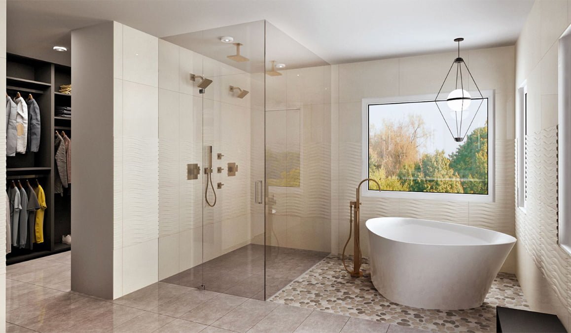 Elegant modern bathroom with freestanding tub, glass shower, and natural light.