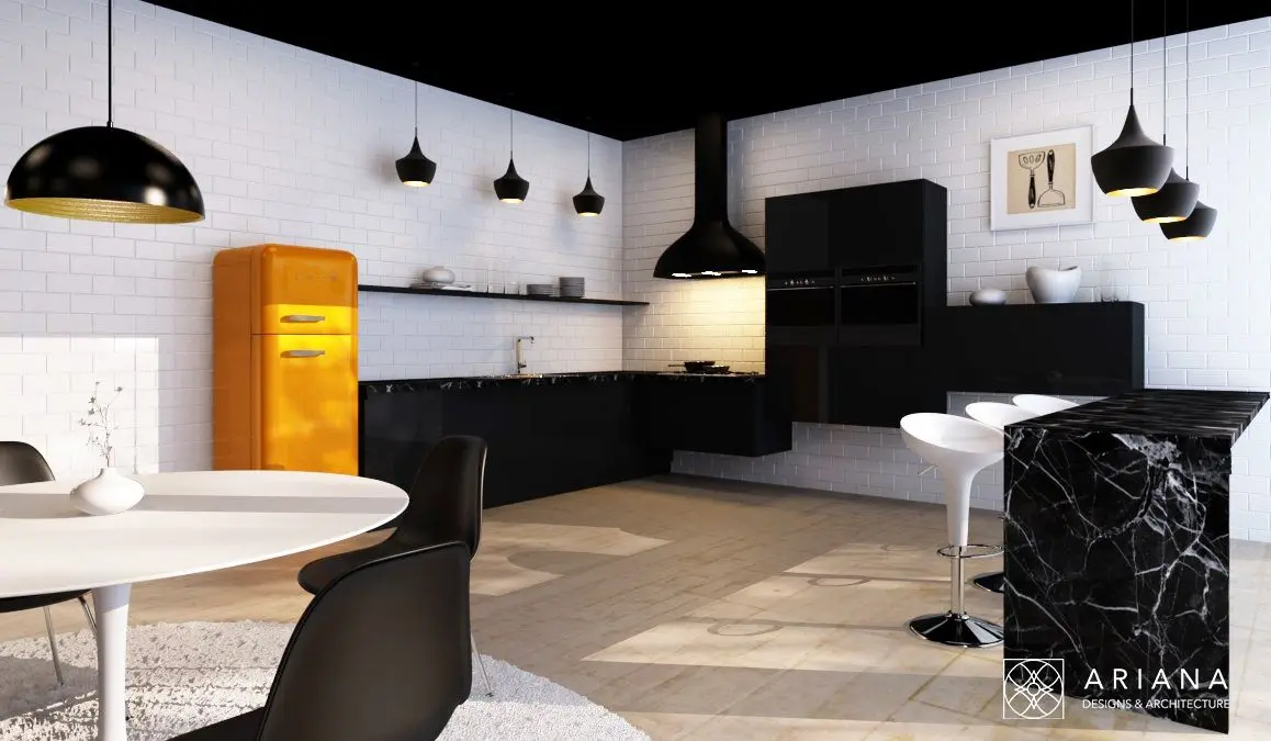 Contemporary kitchen design featuring black and white decor with a bright yellow refrigerator.