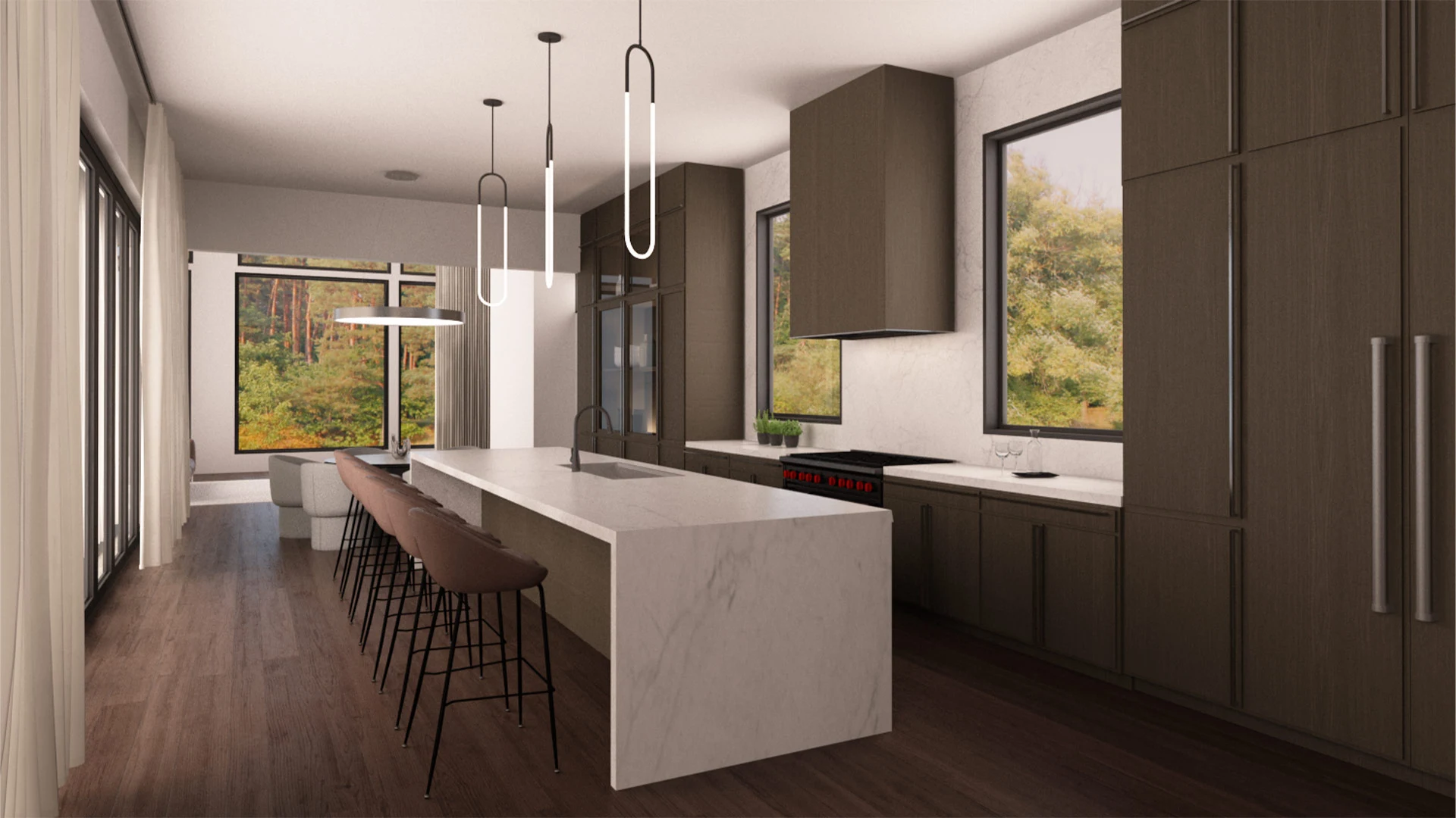 Sleek modern kitchen design with natural light, stylish cabinetry, and a spacious island.