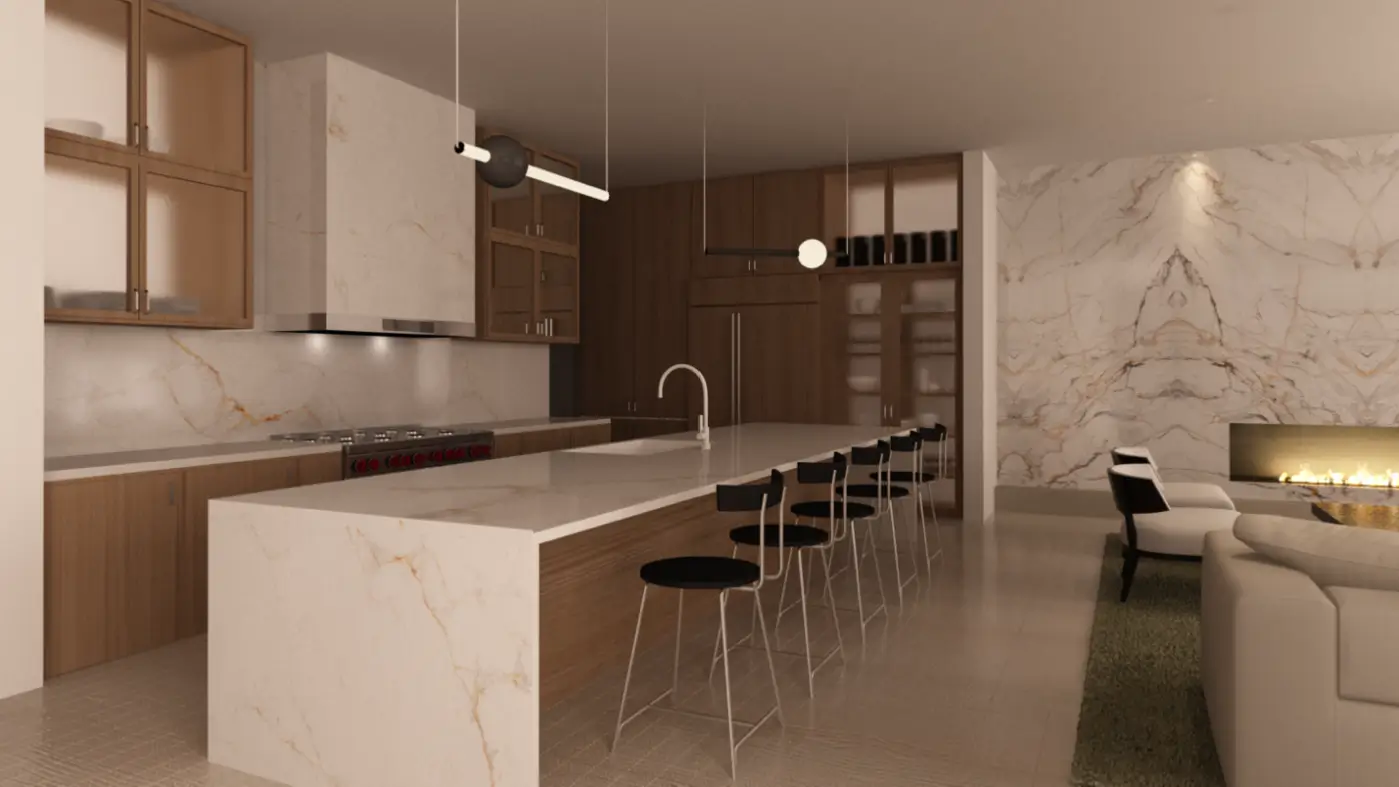 Sleek modern kitchen featuring a marble island, warm lighting, and stylish cabinetry.