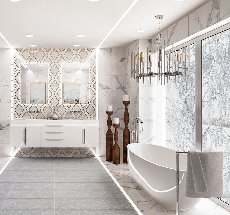 Stylish modern bathroom featuring a freestanding tub, elegant finishes, and natural light.