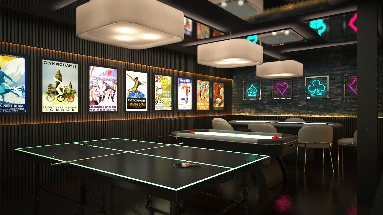 Chic modern game room with vibrant decor, sleek game table, and cozy seating for gatherings.