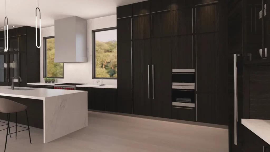 Contemporary kitchen featuring black cabinets, an elegant island, and abundant natural light.