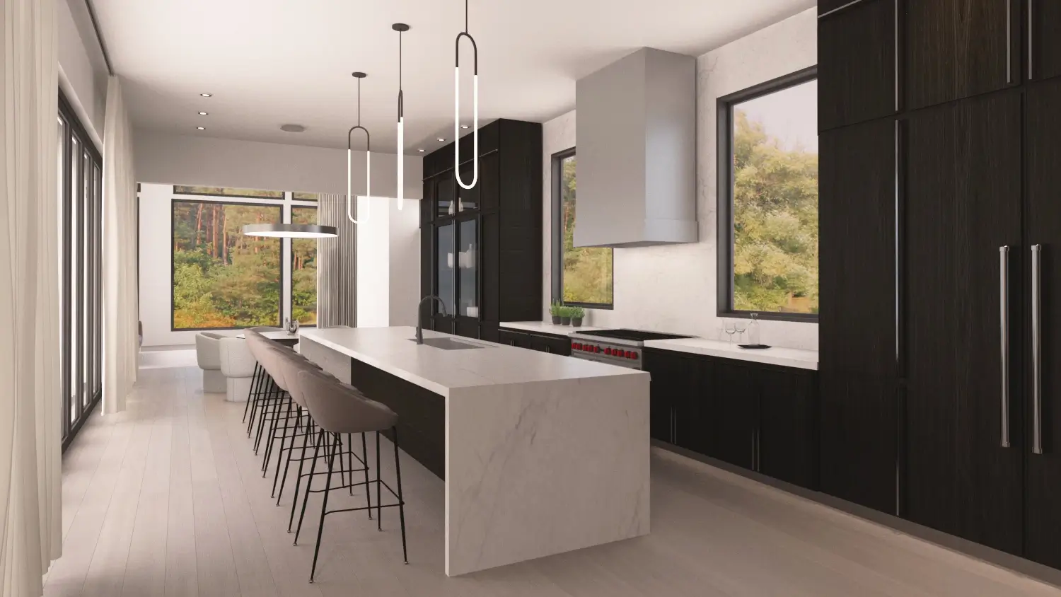 Contemporary kitchen featuring a white island, elegant lighting, and spacious design.