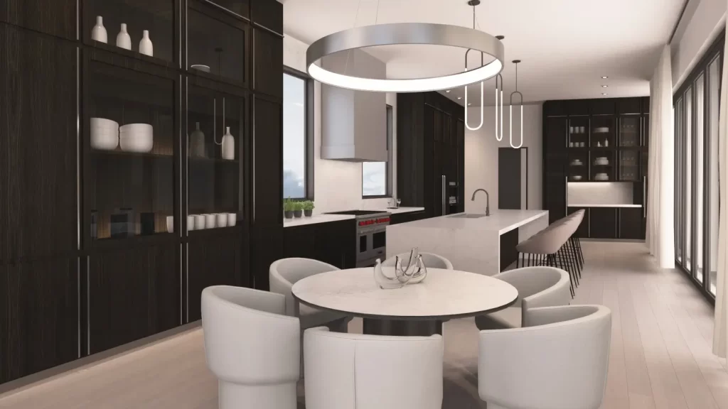 Sleek modern kitchen and dining area featuring dark cabinetry and elegant circular lighting fixtures.