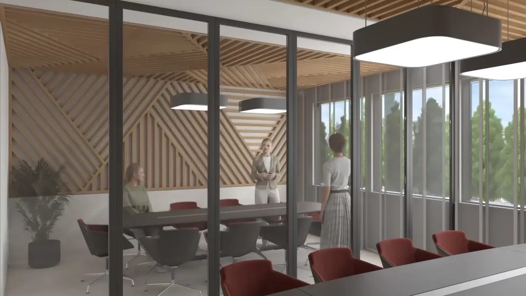 Sleek modern conference room with glass walls, wooden beams, and vibrant red seating.