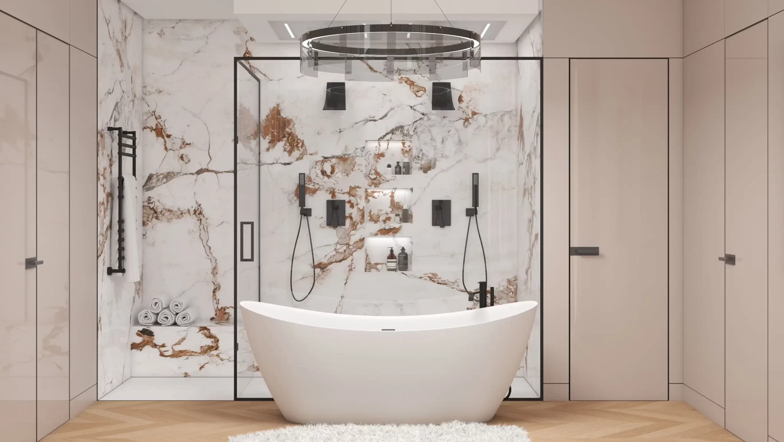 Elegant modern bathroom featuring a freestanding tub and luxurious marble finishes.