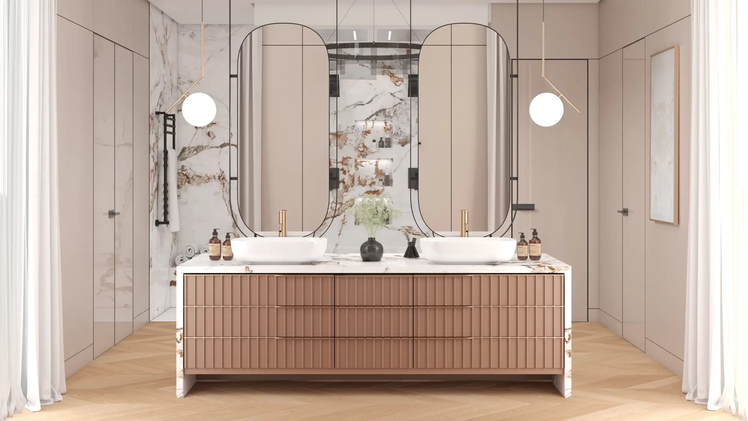 Elegant double vanity in a modern luxury bathroom featuring marble and warm wooden accents.