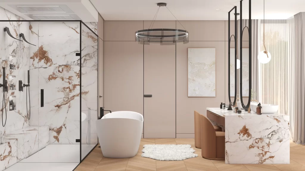 Elegant modern bathroom design with marble features, a sculptural bathtub, and natural light.