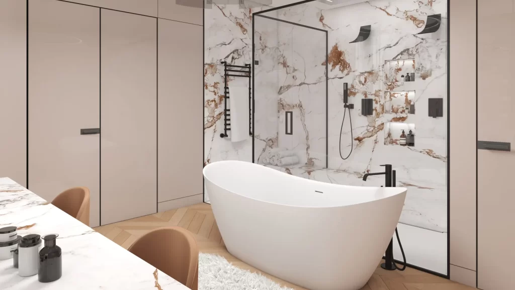 Stylish modern bathroom featuring a freestanding tub and luxury marble accents.