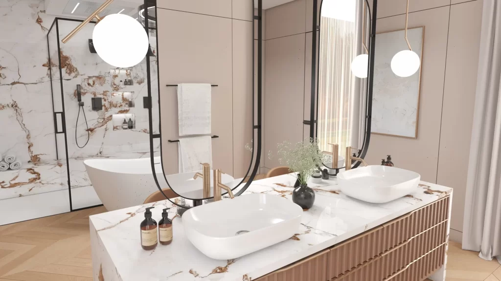 Elegant modern bathroom featuring a marble double vanity, freestanding tub, and serene ambiance.