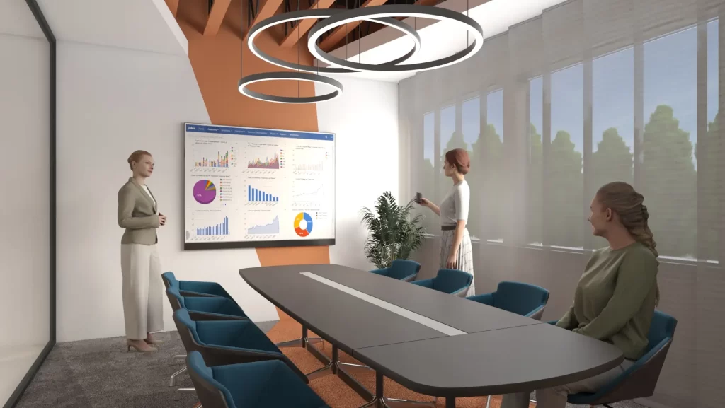 Sleek modern conference room ideal for engaging presentations and collaborative discussions.