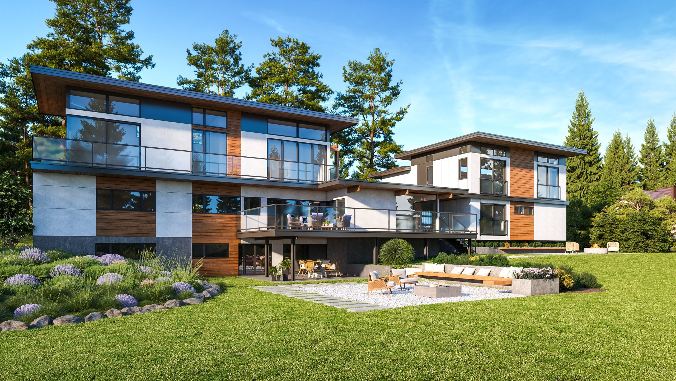 Contemporary two-story home with spacious outdoor area amidst serene natural surroundings.