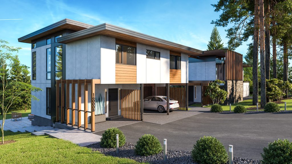 Modern two-story house with large windows and a welcoming garden.