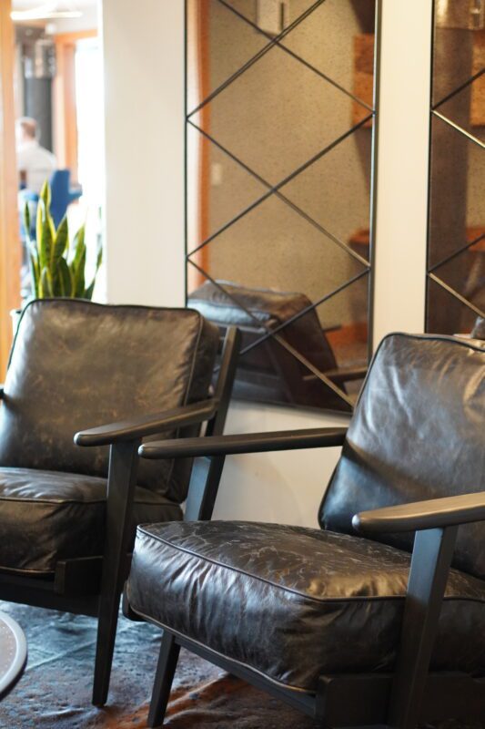 Stylish black armchairs create a cozy, inviting interior with greenery and natural light.