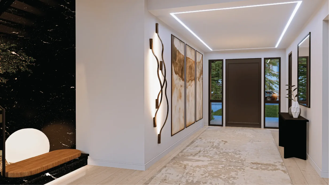 Sophisticated modern hallway featuring artful decor and seamless indoor-outdoor connection.