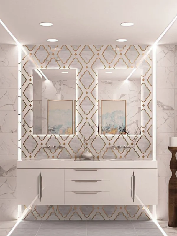 Sleek modern bathroom with marble tiles and gold accents for an elegant, functional design.