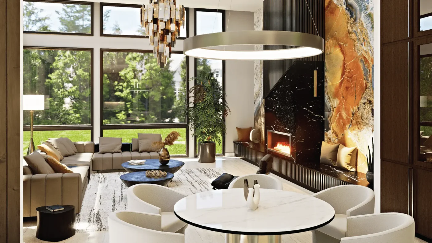 Stylish modern living space with a cozy dining area and elegant design elements.