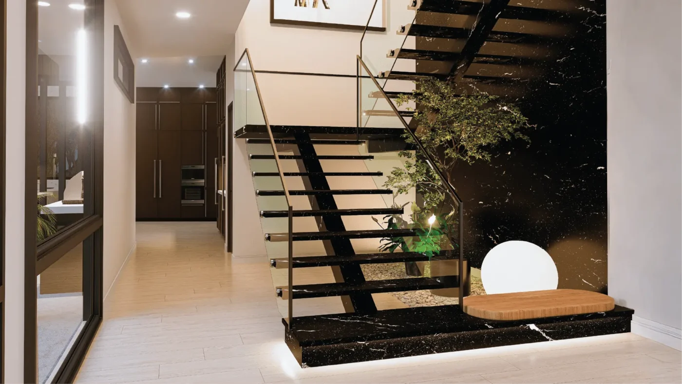 Contemporary entrance with sleek staircase, marble base, wooden steps, and inviting design elements.