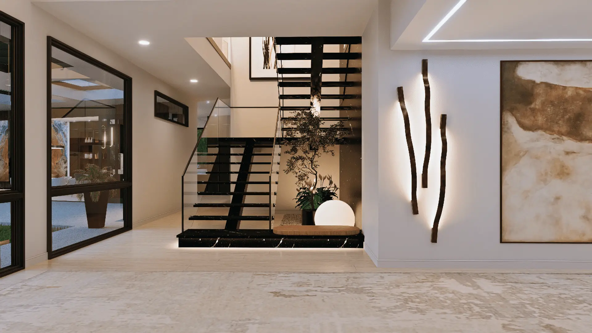 Sophisticated modern entryway featuring a striking staircase and abundant natural light.