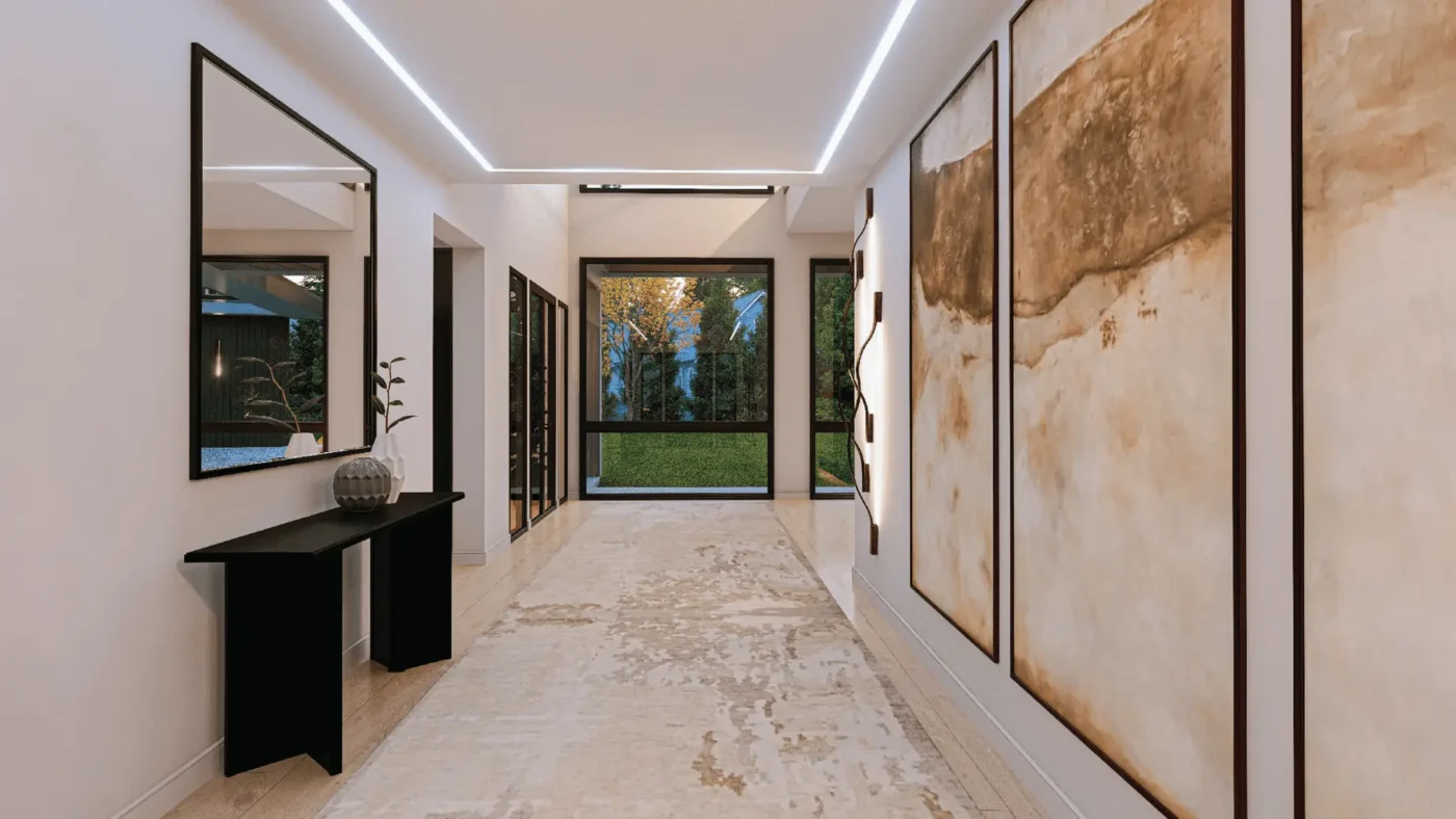 Elegant minimalist hallway with art, greenery, and abundant natural light.