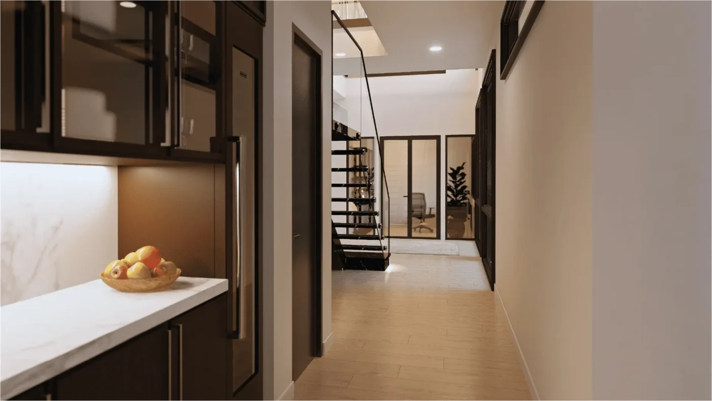 Elegant modern hallway featuring a sleek kitchen, staircase, and inviting glass-enclosed room.