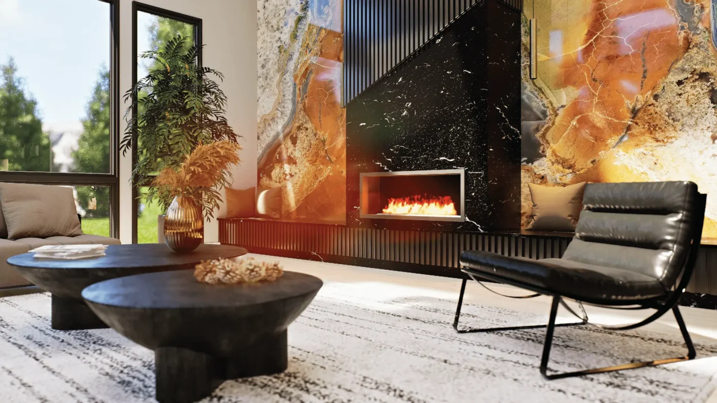 Sleek modern living space featuring a striking stone wall and elegant fireplace.