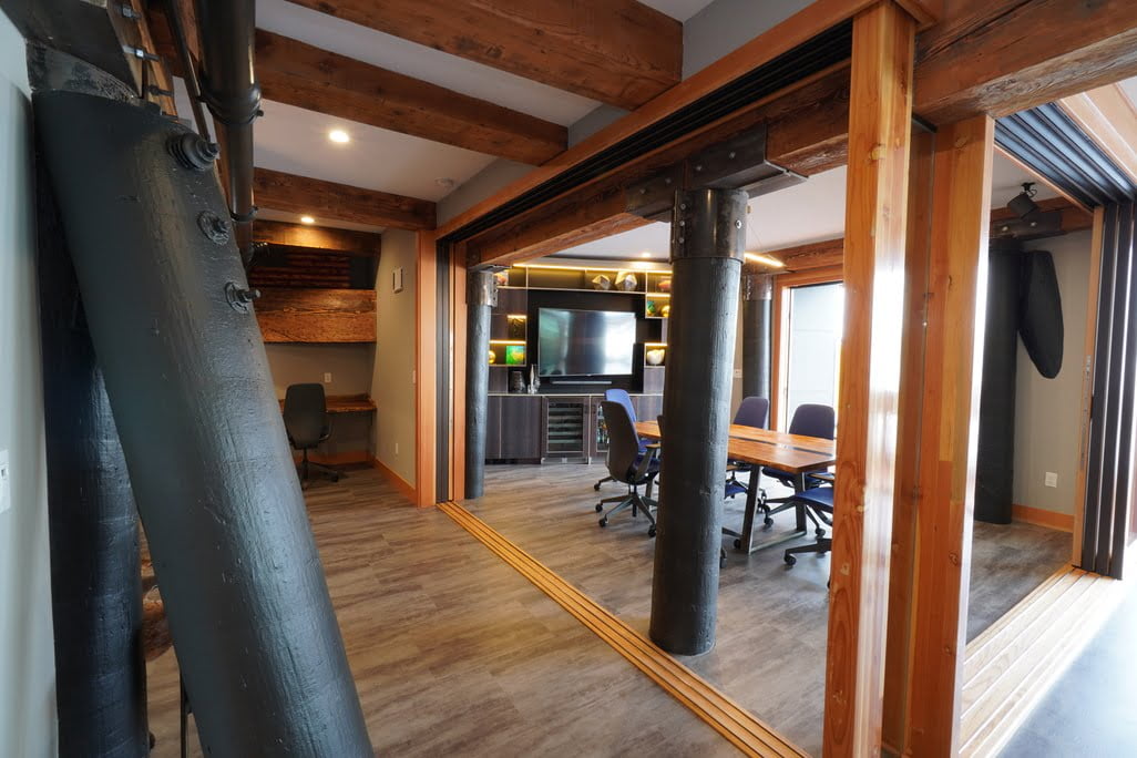 Chic rustic-modern office design blending warmth and functionality for enhanced productivity.