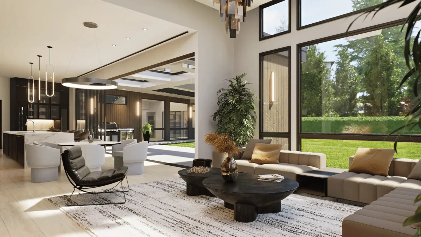 Bright open-plan living space with modern design, cozy seating, and lush greenery views.